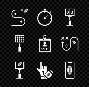 Planlama stratejisi konsepti, Amerikan kale direği, parmak kaldırılmış amerikalı bir numaralı fan eldiveni, ekranda akıllı telefon, parlak stadyum ışıkları ve VIP rozet ikonu. Vektör