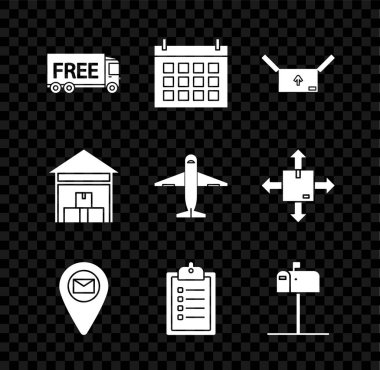 Ücretsiz dağıtım hizmeti, Takvim, trafik sembollü karton kutu, harita kağıdındaki yer tutucu, liste panosunun doğrulanması, açık posta, Depo ve Uçak simgesi. Vektör