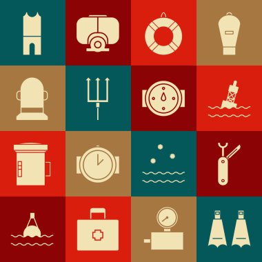 Yüzmek için lastik yüzgeçler, İsviçre çakısı, denizde yüzen şamandıra, Lifebuoy, Neptune Mızrağı, Şamandıra, dalgıç kıyafeti ve rüzgar gülü ikonu. Vektör