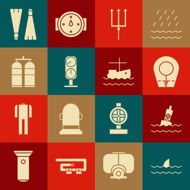 Okyanus dalgasında köpekbalığı yüzgecini, denizde yüzen şamandırayı, dalış kaputunu, Neptün mızrağını, ölçeği, Aqualung 'u, yüzme ve balıkçı teknesi ikonu için lastik yüzgeçleri ayarlayın. Vektör