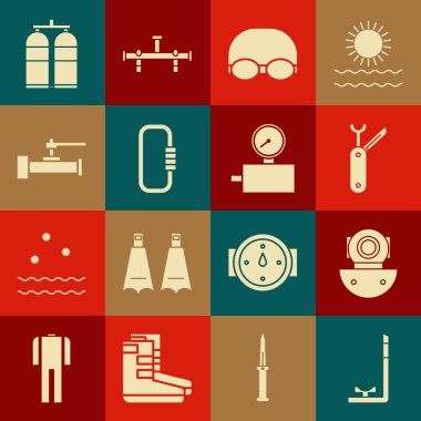 Snorkel, Aqualung, İsviçre çakısı, yüzmek için gözlük ve şapka, Carabiner, endüstriyel metalik boru vanası ve ölçü simgesi. Vektör