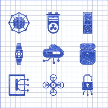 Nesnelerin internetini ayarla, Drone, Lock dijital devre kartı, Air kulaklık kutusu, Tablet, Smartwatch, müzik çalar ve Global Network simgesi. Vektör