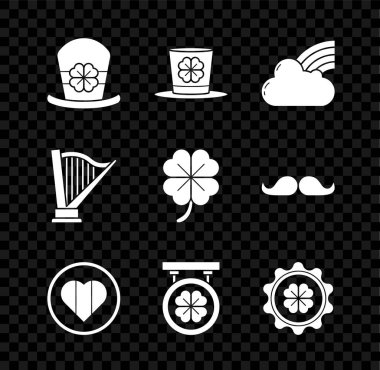 Leprikon şapka ve dört yapraklı yonca, gökkuşağı bulutlu, Heart Happy Saint Patrick günü, sokak tabelası, şişe kapağı, harp ve dört simge. Vektör