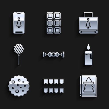 Şekerleme, bayraklı karnaval çelengi, Noel kitabı, şamdanda yanan mum, kurabiye ya da bisküvi çikolatası, lolipop, kağıt alışveriş torbası ve akıllı telefon hediye kutusu ikonu. Vektör