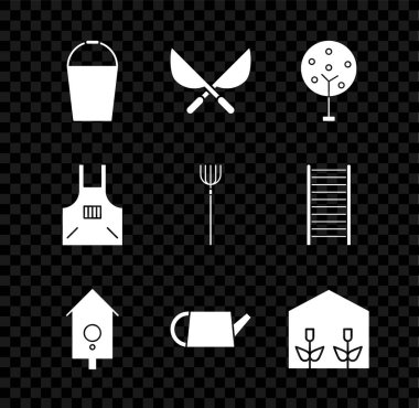 Kovayı, bahçe makası, Ağaç, Retro duvar saati, su kovası, sera bitkileri, mutfak önlüğü ve dirgen ikonu hazırlayın. Vektör