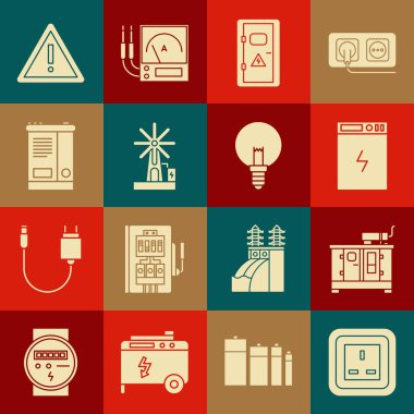 Elektrik prizi, dizel güç jeneratörü, elektrik bankası, kabine, rüzgar türbini, araba aküsü, ünlem işareti üçgeni ve ampul simgesini ayarla. Vektör