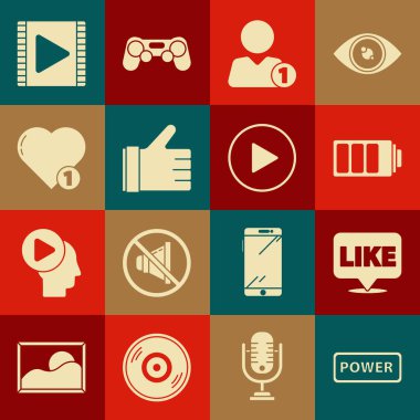 Güç düğmesini ayarla, konuşma balonunda olduğu gibi, pil şarj seviyesi göstergesinde, arkadaş ekle, el kalp gibi, video oynat ve daire simgesi ekle. Vektör