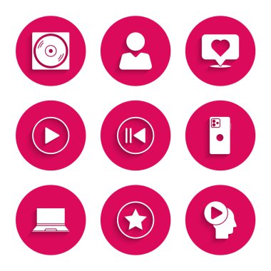 Geri sar, Star, Head elemanlarının çalma düğmesi, akıllı telefon, cep telefonu, dizüstü bilgisayar, oyun çemberi, kalp ve vinil disk simgesi. Vektör