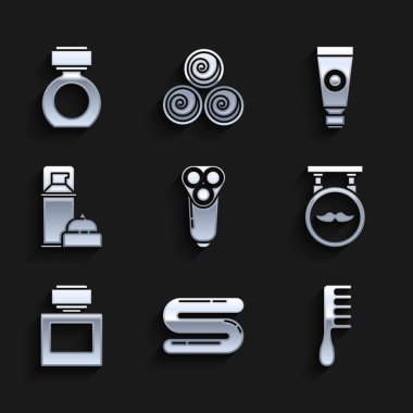 Erkekler için elektrikli tıraş bıçağı, havlu, saç fırçası, berber, tıraş losyonu, tıraş köpüğü, krem losyon kozmetik tüp ve ikon. Vektör