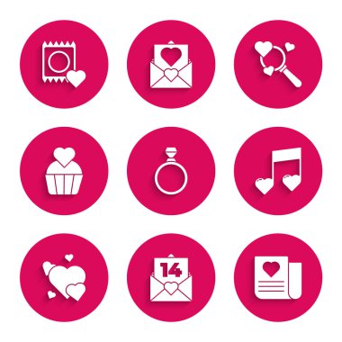 Elmas nişan yüzüğü, Sevgililer Günü kalbinde zarf, nota, nota, kalp, düğün pastası, Arama ve Sevgi ve Kondom paket ikonu. Vektör