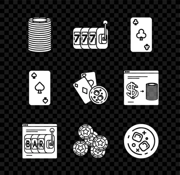 Defina fichas de cassino, máquina de fenda com jackpot de setes da sorte, símbolo de clubes de cartas de jogo, entalhe online, copo de uísque e cubos de gelo, espadas e ícone de vidro de cartas. Vetor —  Vetores de Stock