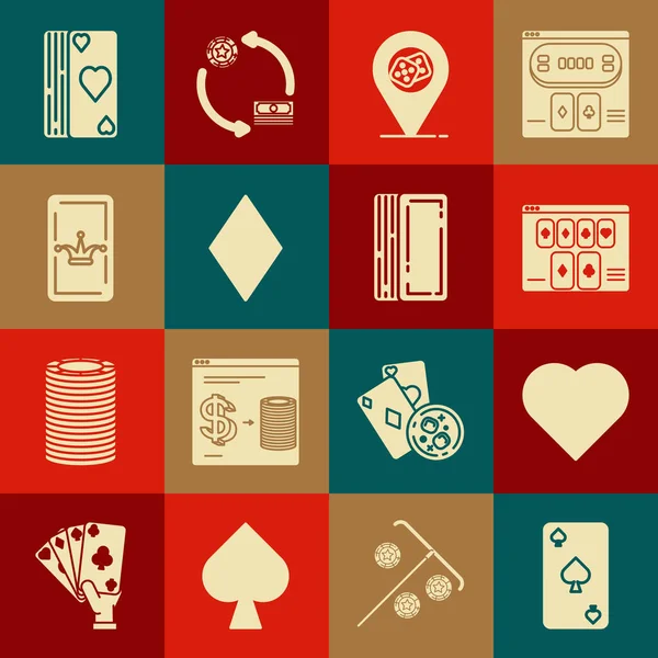 Набор Игральная карта с пиками символ, сердце, онлайн покер стол игра, местоположение казино, алмазы, Джокер игры, колода карт и значок. Вектор — стоковый вектор