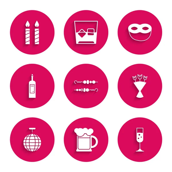 Set Grilled shish kebab, Wooden beer mug, Glass of champagne, Bouquet flowers, Disco ball, Bottle wine, Festive mask and Birthday cake candles icon. Vector — Stock Vector