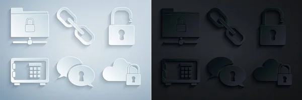 Set Protección de datos personales, candado abierto, Caja fuerte, Cloud computing, Enlace de cadena y carpeta FTP e icono. Vector — Vector de stock