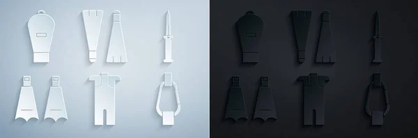 Комплект гидрокостюм для подводного плавания, армейский нож, резиновые ласты плавание, карабинер, и Lift bag икона. Вектор — стоковый вектор