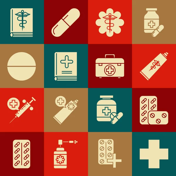 Cross hastanesi sağlık sigortası, su toplayan haplar, krem tüpü ilacı, acil durum sembolü çubuklu Caduceus yılanı, tıp kitabı, ilaç hapı ya da tablet ve ilk yardım çantası ikonu. Vektör