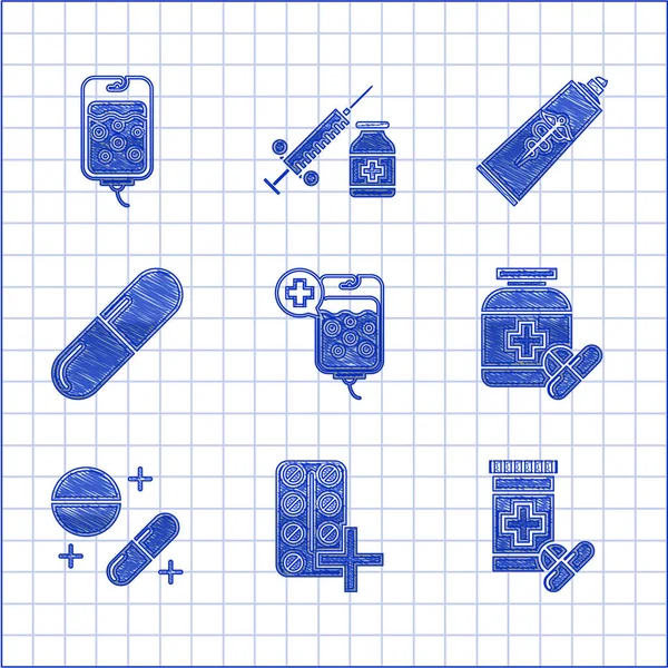 Set de bolsa IV, pastillas en blister, frasco de medicamentos y pastillas, o tableta, ungüento crema tubo medicina e icono. Vector — Archivo Imágenes Vectoriales