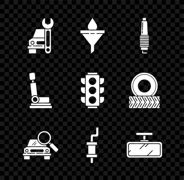 Set Car service, Funnel or filter and motor oil drop, spark plug, search, muffler, mirror, seat and Traffic light icon. Vector — Stock Vector