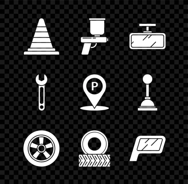 Set Traffic cone, Paint spray gun, Car mirror, wheel, Wrench and Location with parking icon. Vector — Stock Vector