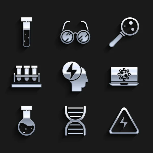헤드와 전기 상징 , DNA, 고전압 사인, 노트북에 있는 박테리아, 시험관 플라스크 화학 물질, 돋보기와 아이콘 아래의 미생물. Vector — 스톡 벡터