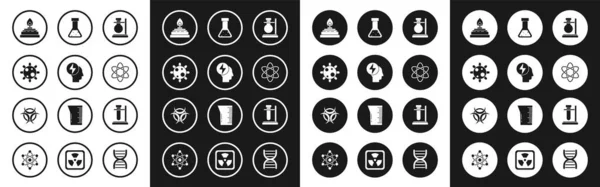Set Reagenzglas auf Ständer, Kopf elektrisches Symbol, Bakterien, Alkohol oder Spiritusbrenner, Atom, Chemikalien und Biohazard Symbol. Vektor — Stockvektor