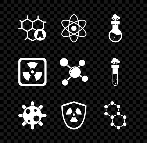 Imposta formula chimica, atomo, provetta e sostanza chimica in fiaschetta, batteri, radioattivi nello scudo, molecola e icona. Vettore — Vettoriale Stock
