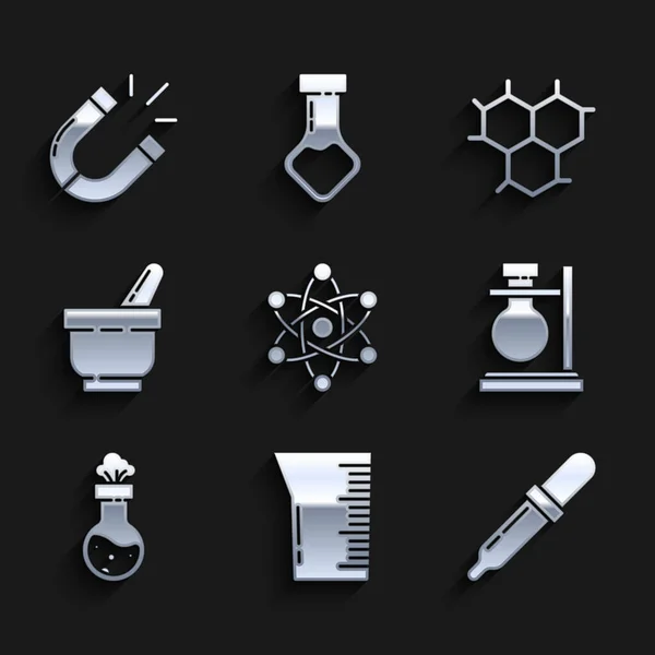 Atom 'u, laboratuvar camını ya da deney tüpünü, Pipette' i, deney tüpünü, kimyasalı, havan topuzunu, kimyasal formülü ve mıknatıs simgesini hazır edin. Vektör — Stok Vektör