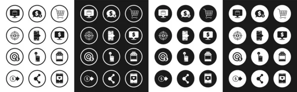 Set Panier d'achat, Smartphone, téléphone mobile, Cible avec dollar, Concept d'achat en ligne, Bulle vocale, bâtiment ou magasin de marché et icône symbole. Vecteur — Image vectorielle