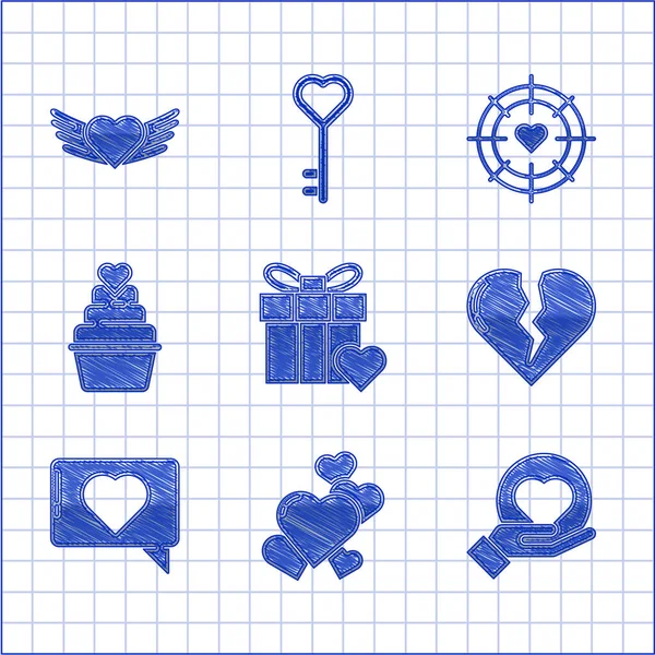 Set Gift box and heart, Heart, on hand, Broken or divorce, Like, in the center of darts target aim and with wings icon. Vector — Stock Vector