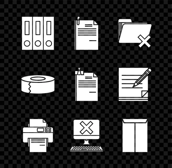 Stel Office-mappen met papieren en documenten, File clip, Verwijderen, Printer, Computer toetsenbord x mark, Envelop, Scotch en binder pictogram. Vector — Stockvector