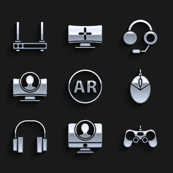 Set Ar, augmented reality, Create account screen, Gamepad, Computer mouse gaming, Headphones, and Router and wi-fi signal icon. Vector — Stock Vector