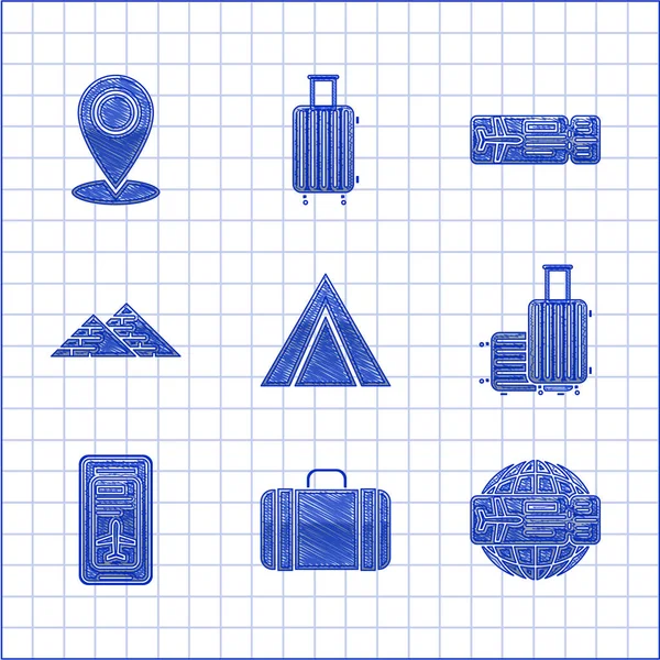 Установите палатку, чемодан для путешествий, билет, электронный посадочный талон авиакомпании, египетские пирамиды и значок карты. Вектор — стоковый вектор