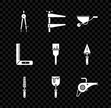 Çizim pusulası, kıskaç, odun keskisi, macun bıçağı, Yaprak bahçe üfleyicisi, köşe cetvel ve boya fırçası simgesi. Vektör