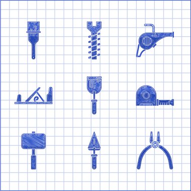 Macun bıçağı, mala, pense, rulet, balyoz, tahta uçak, yapraklı bahçe üfleyici ve boya fırçası ikonu. Vektör