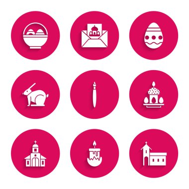 Boya fırçası, yanan mum, kilise binası, Paskalya pastası yumurtaları, tavşan ve paskalya ikonlu sepet. Vektör