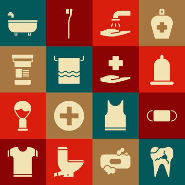 Kırık diş, tıbbi koruyucu maske, prezervatif, sabunla el yıkama bezi, havlu askısı, ilaç şişesi, küvet ve Haç hastanesi tıbbi ikonu. Vektör