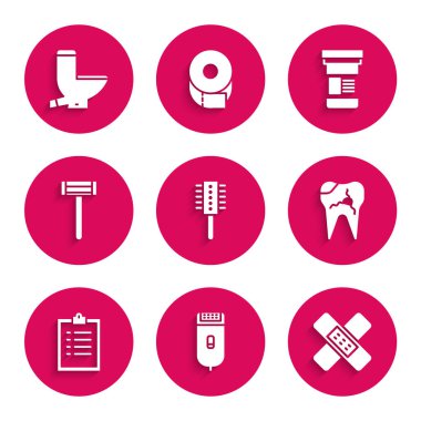 Saç fırçası, elektrikli saç makası veya tıraş makinesi, çapraz bandaj sıva, kırık diş, kontrol panosu, tıraş bıçağı, ilaç şişesi ve klozet ikonu. Vektör