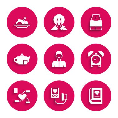 Pozitif düşünme, kan basıncı, tıp kitabı, alarm saati, sağlık kalbine dikkat, fincanlı çaydanlık, kadın beli ve sağlıklı yiyecek ikonu. Vektör