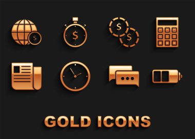 Saat, hesap makinesi, pil şarj seviyesi göstergesi, konuşma balonu sohbeti, Dosya belgesi dolar sembollü bozuk para, Dünya küresi ve zaman simgesi. Vektör