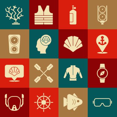 Dalış maskesi, pusula, çapalı konum, Aqualung, deniz kabuğu, gösterge ölçeği, mercan ve simge. Vektör