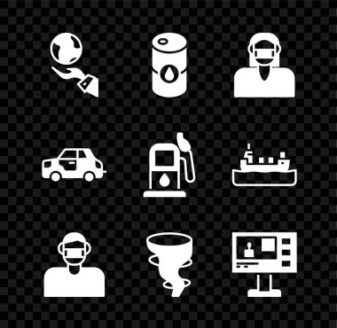 Set Hands holding Earth globe, Fıçı yağı, Yüz koruyucu maske, Tornado, Televizyon raporu, Araba ve Benzin istasyonu ikonu. Vektör