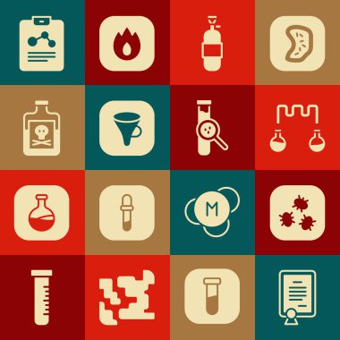 Sertifika şablonu, bakteri, tüp ve matara, propan gazı deposu, huni ya da filtre, şişedeki zehir, kimya raporu ve simgeyi ayarla. Vektör