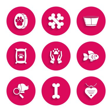 Hayvanların ayak izi, köpek kemiği, yaka kartı kalbi, Fish, veteriner kliniği sembolü, köpek için yiyecek torbası, koruyucu koni tasması ve Paw ikonu. Vektör