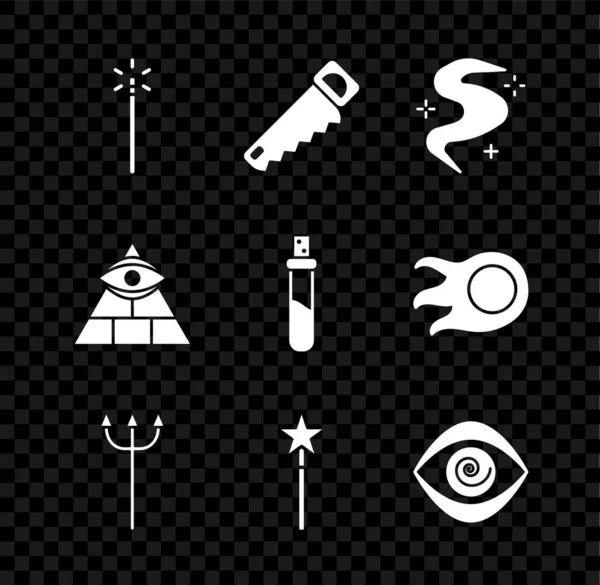 Set Magic wand, Hand saw, fog or smoke, Neptune Trident, Hypnosis, Masons and Bottle with love potion icon. Vector — Stock Vector