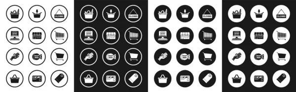 Set Závěsná cedule s textem Zavřeno, Nákupní budova nebo obchod, na obrazovce počítače, košík a potraviny, vozík, a lidská ruka držící ikonu kreditní karty. Vektor — Stockový vektor