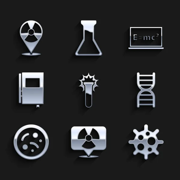 Impostare provetta e pallone, Radioattivo in posizione, Virus, simbolo del DNA, Batteri, Libro, soluzione di equazione e icona. Vettore — Vettoriale Stock