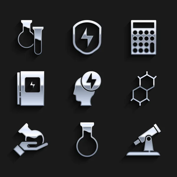 Set Head och elektrisk symbol, provrörskolv, teleskop, kemisk formel, elektrisk panel, räknemaskin och ikon. Vektor — Stock vektor