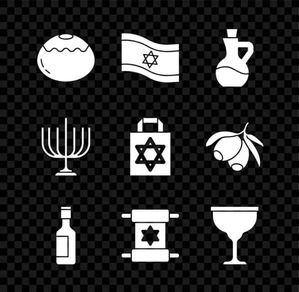 Set jüdische Süßgebäck, Flagge von Israel, Flasche Olivenöl, Weinflasche, Torarolle, Kelch, Chanukka Menora und Einkaufstasche mit Stern david Symbol. Vektor — Stockvektor