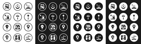 Emplacement de l'ensemble avec fontaine, panneau de signalisation routière et station-service, plan de ville navigation, broche poussoir, boussole, maison et icône de tasse à café. Vecteur — Image vectorielle