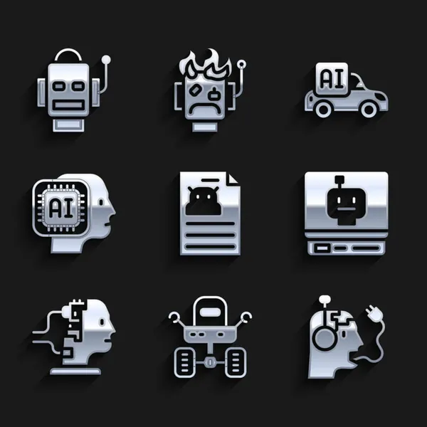 Zestaw Specyfikacja techniczna, Mars łazik, Robot ładowania baterii, do konserwacji, Humanoid robot, Autonomiczny inteligentny samochód i ikona. Wektor — Wektor stockowy